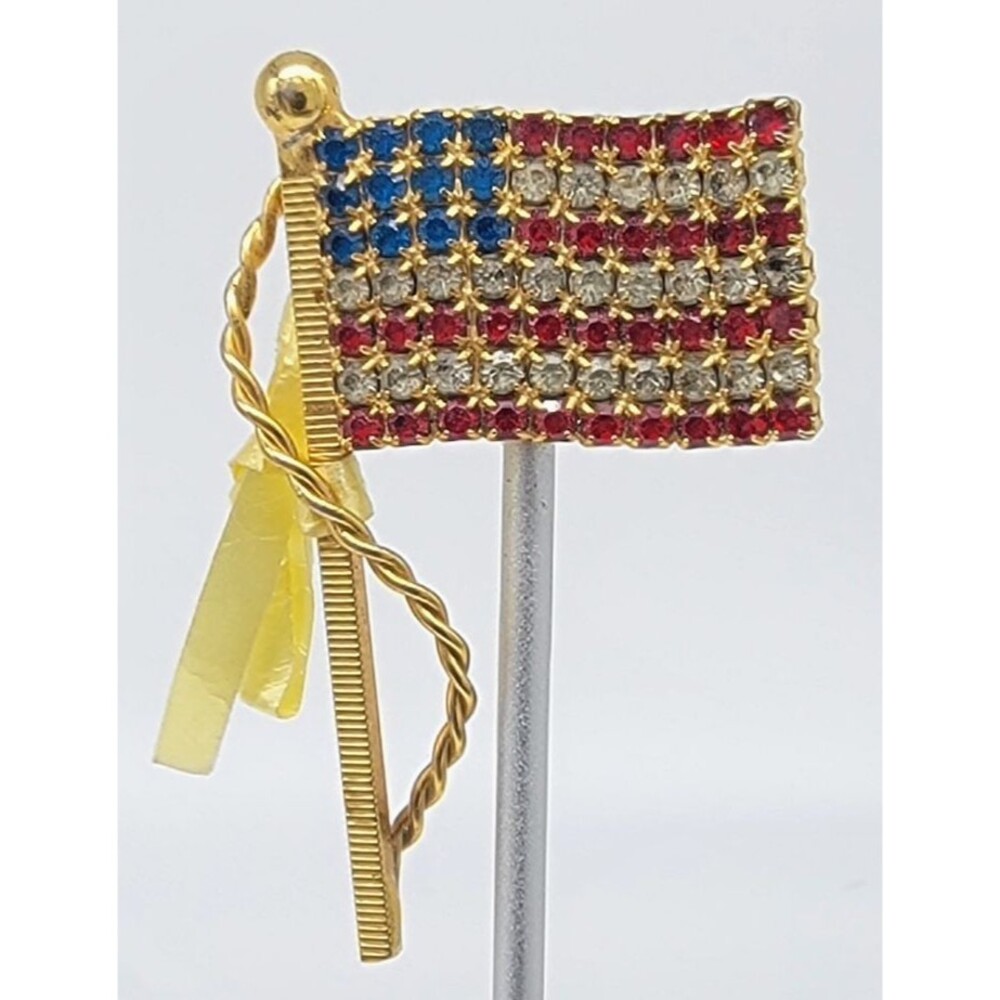 American Flag Rhinestone Brooch Pin Gold Tone Metal Yellow Ribbon Patriotic USA